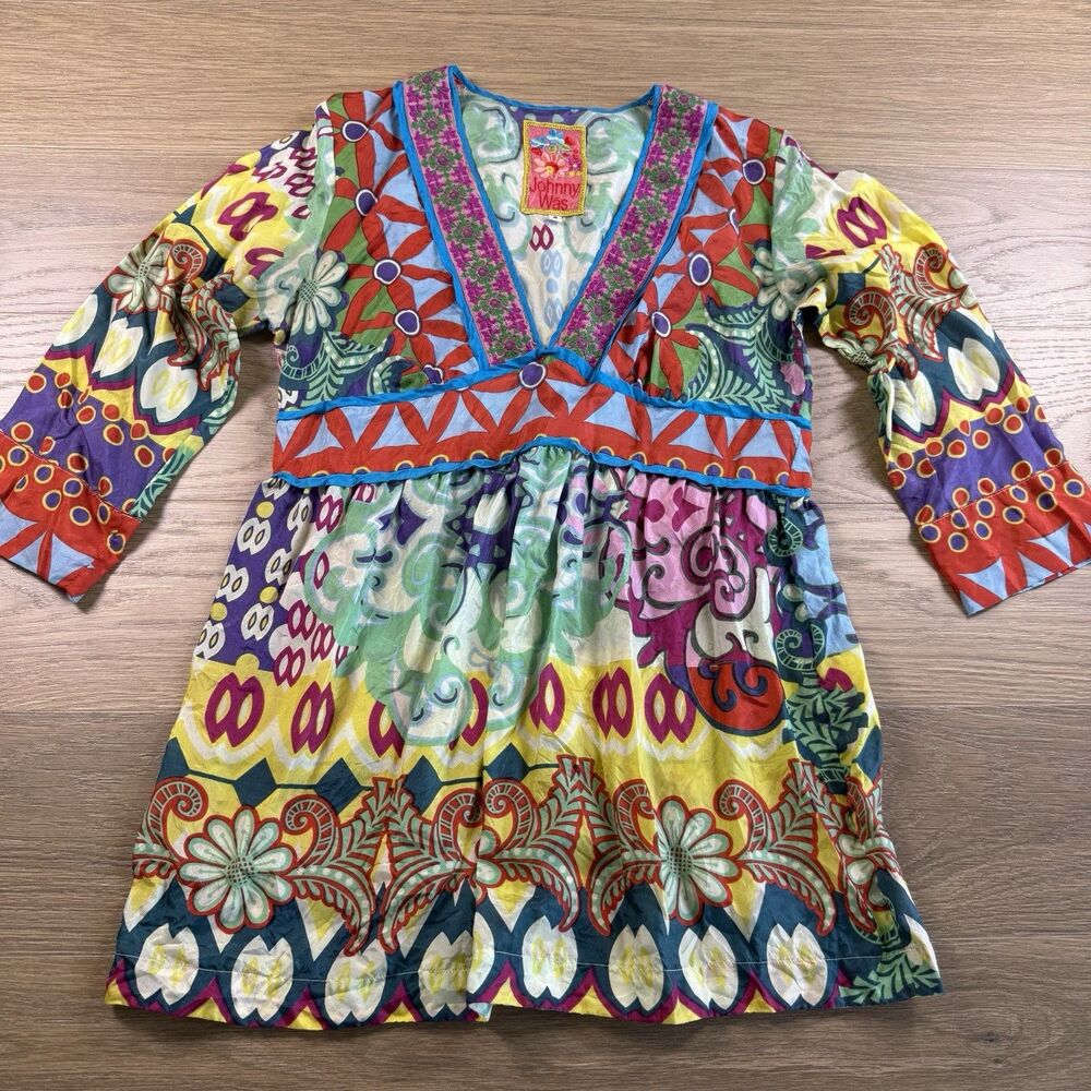 Johnny Was Top Women Small Silk Boho Psychedelic Vibrant Vneck Tunic Paper Thin